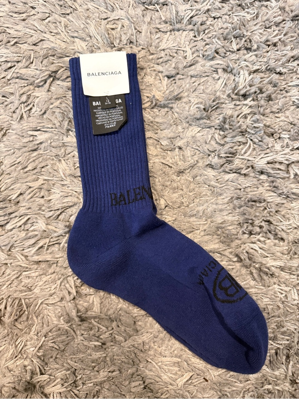 Balenciaga Men’s Crew Socks in Navy Blue with Black Logo